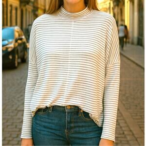 Stripe Knit Mock Neck Long Sleeve Top Gray / Cream Size XL